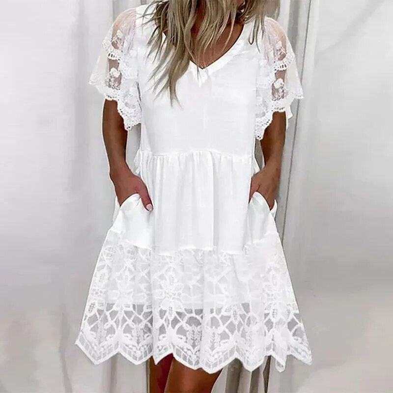 Thumbnail: Women V-Neck Short Sleeve Ruffles Mini Dresses Elegant White Color Embroidery L
