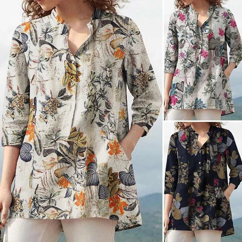 Miniatura: Floral  Printed Blouse Oversized Women Casual V Neck 3/4 Sleeve Shirt ZANZEA Re