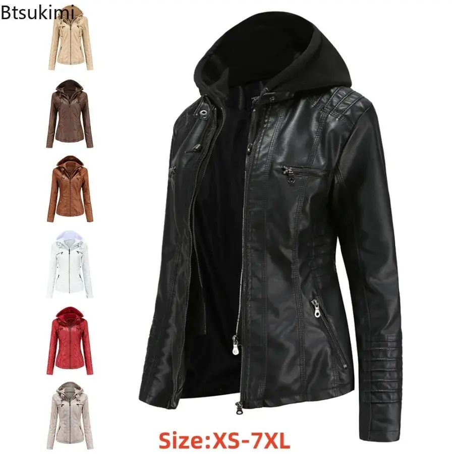 2024 Women's Hooded Leather Jacket 2 Pieces Set with Detachable Large Leather J