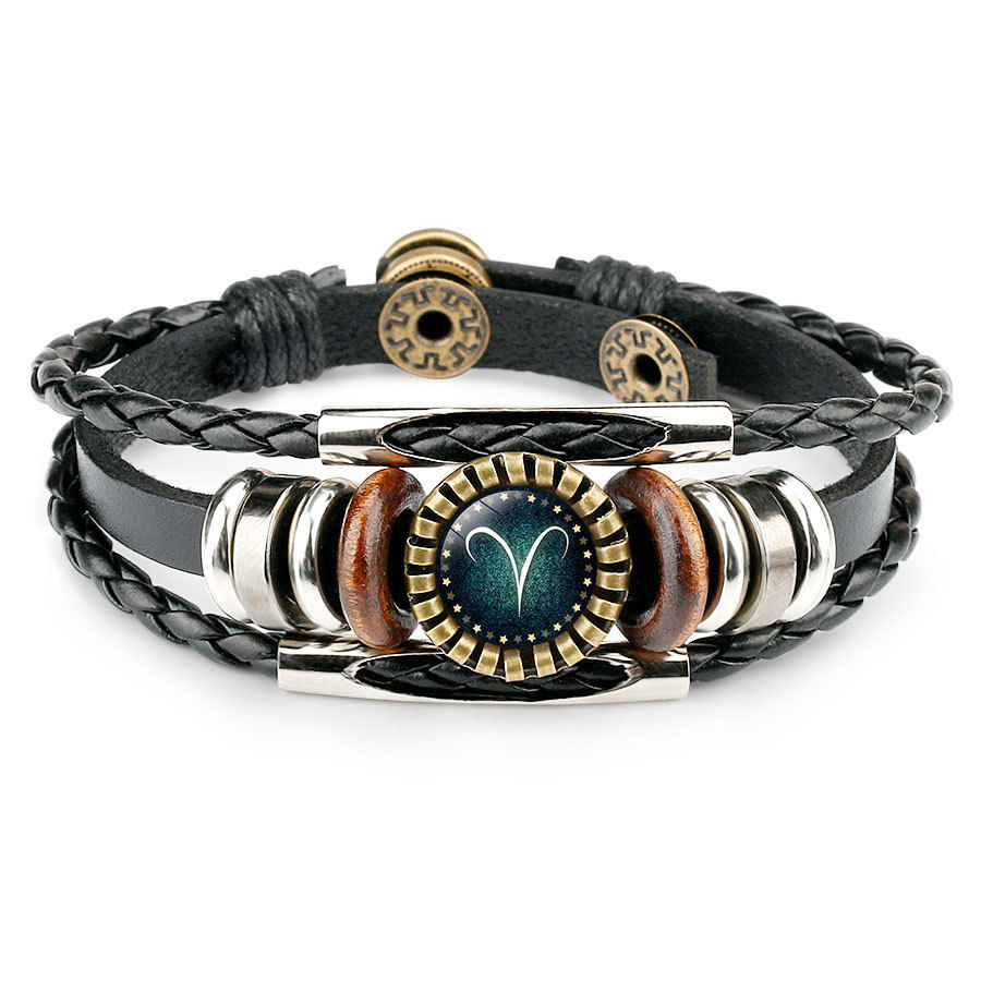 Thumbnail: Multilayer Leather Bracelet 12 Constellation Zodiac Sign Men Braided Bracelets