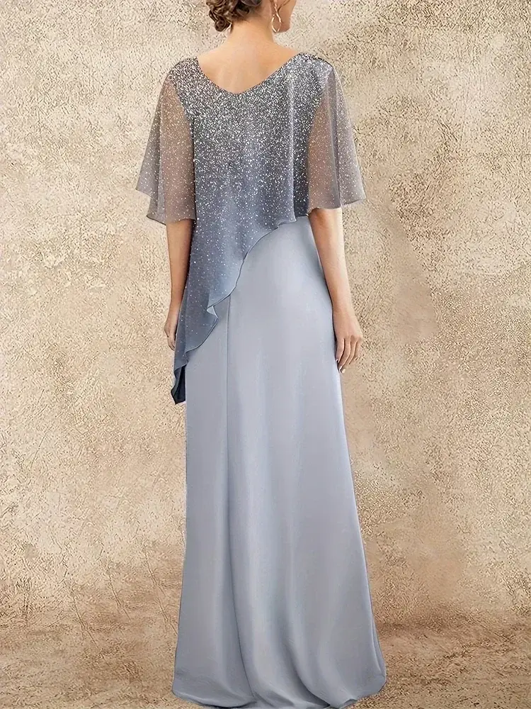 Thumbnail: Plus Size Chiffon Mother of the Bride Dresses Dusty Blue Ombre Sparkly Print  L