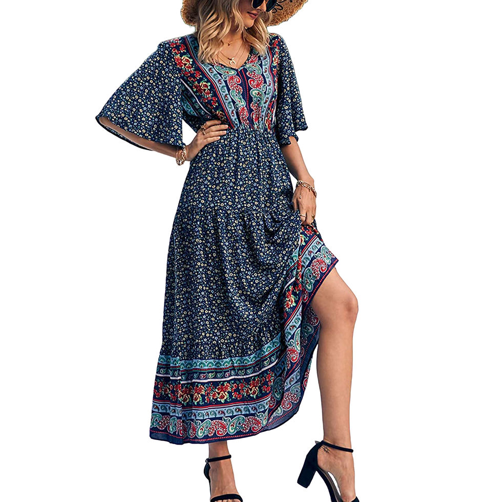Thumbnail: Women Boho Retro Print Long Dress Short Sleeve V-Neck High Waist Dresses Summer