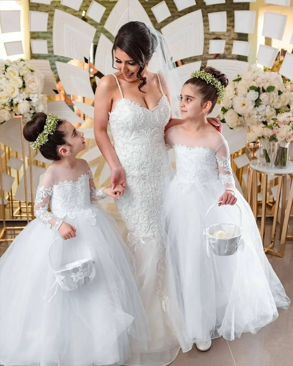Thumbnail: BABYONLINE Long Sleeve White Ivory Flower Girl Dresses for Wedding Guest Child