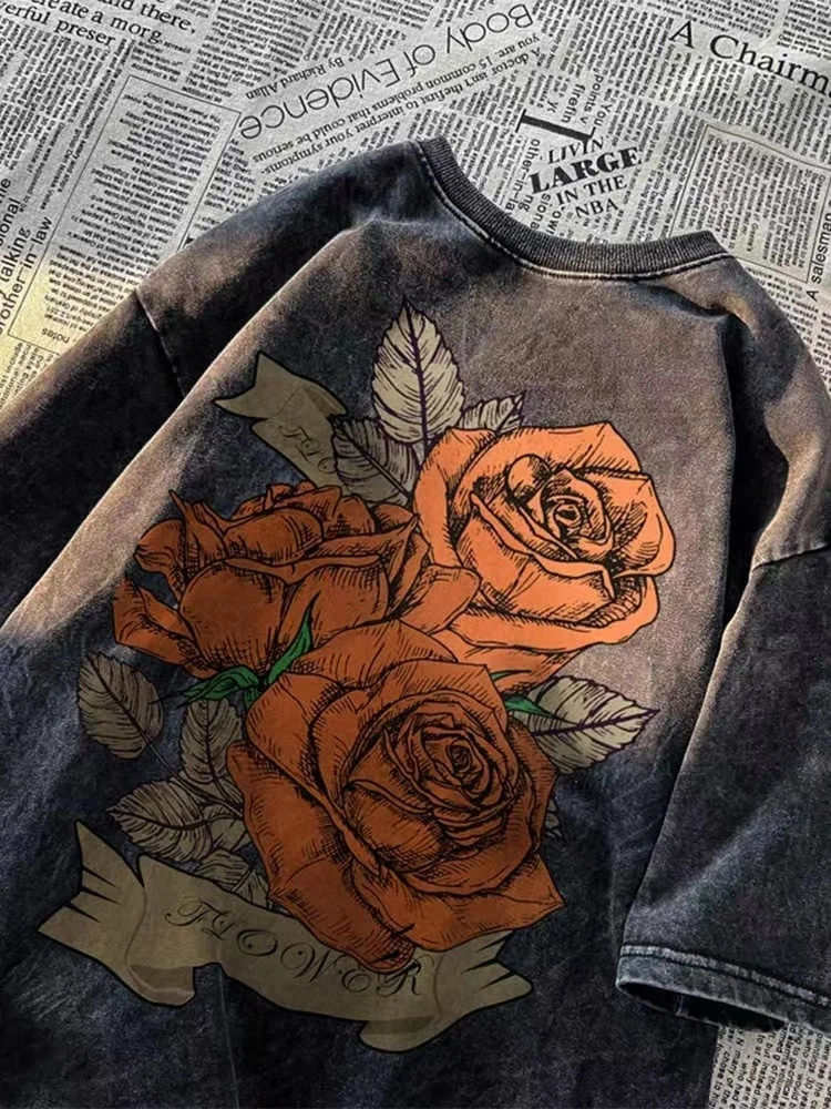 Thumbnail: Trendy retro rose print graphic T-shirt for men and women summer American coupl