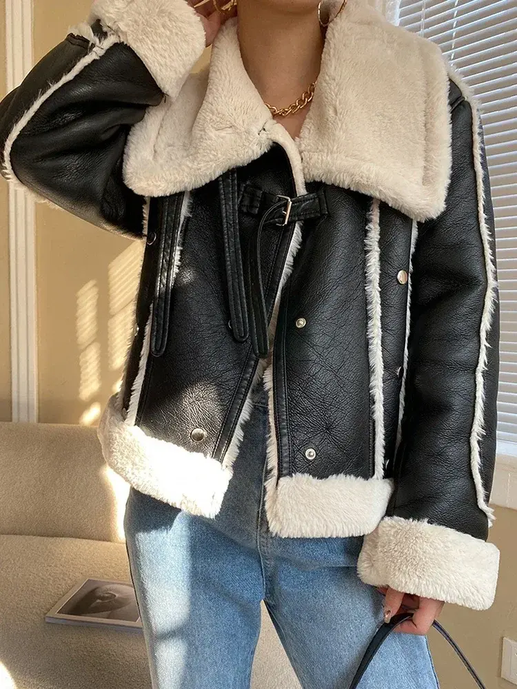 Thumbnail: 2024 New Women Vintage Thick Warm Eco-friendly Leather Fur Jacket Autumn Winter