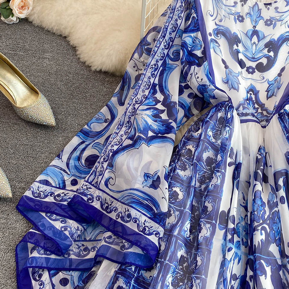Miniaturebillede: Maxi Dress Women Batwing Sleeve Blue and White Porcelain Printing Bohemian Vaca