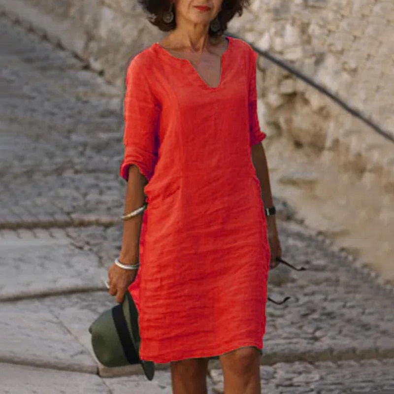 Miniaturebillede: Vintage Women Solid Mini Dress Summer Fashion V-neck Three Quater Sleeve Cotton