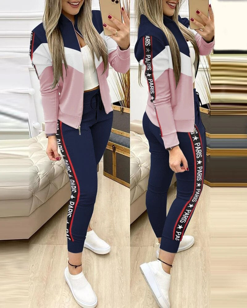 Thumbnail: Spring Leisure Sports Zipper Tops Coat Pants 2 Two Pieces Sets For Women Stripe