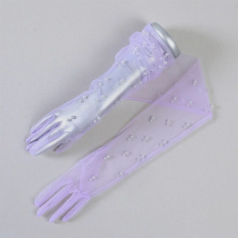 Miniatură: Vintage Transparent Wedding Gloves Pearls Long Elbow Mittens Mesh Arm Covers Wo