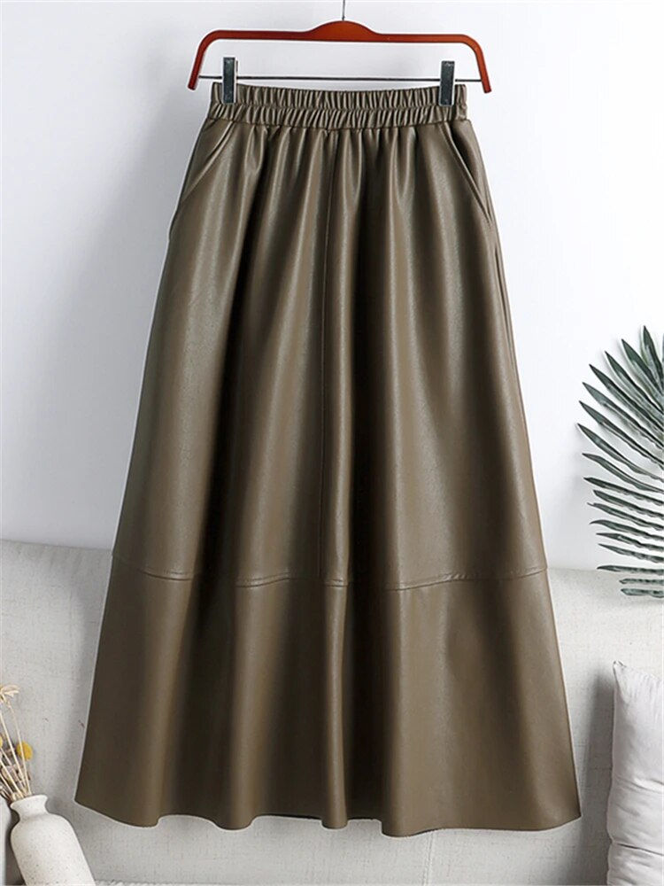 Miniatură: Seoulish Autumn Winter Faux PU-leather Midi Skirts Patchwork High Waist Elegant