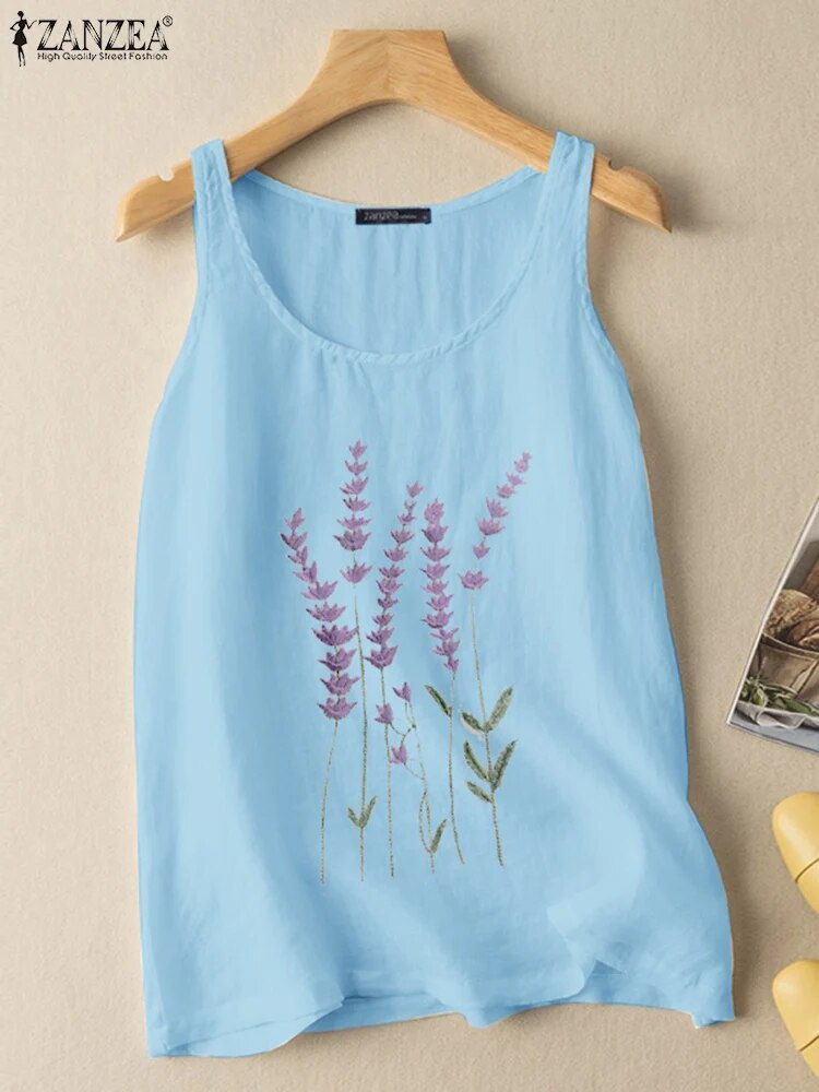 Thumbnail: Summer Vintage Floral Embroidery Tanks Tops ZANZEA Women Casual O Neck Sleevele