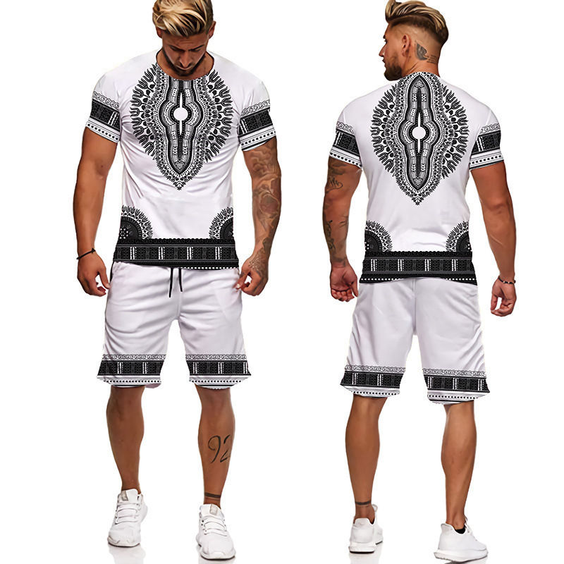 Thumbnail: Summer African Ethnic Style Print Men's T Shirt+Shorts 2PCS Outfits Casual Shor
