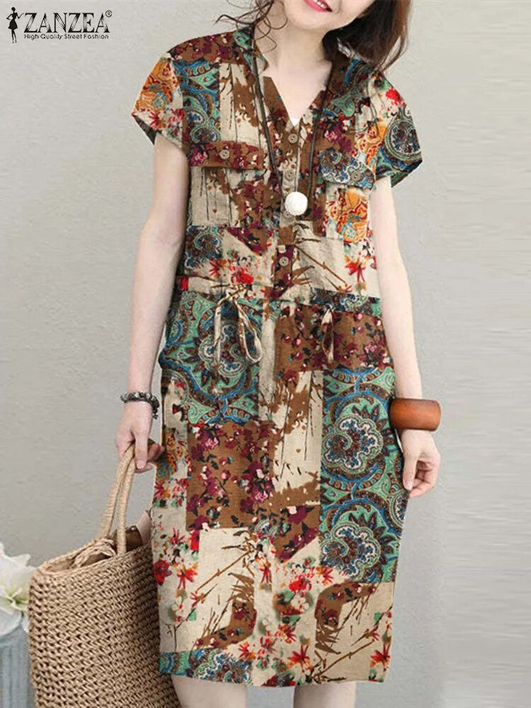 Thumbnail: ZANZEA Summer Short Sleeve Solid Knee-length Dress Fashion Women V Neck Casual
