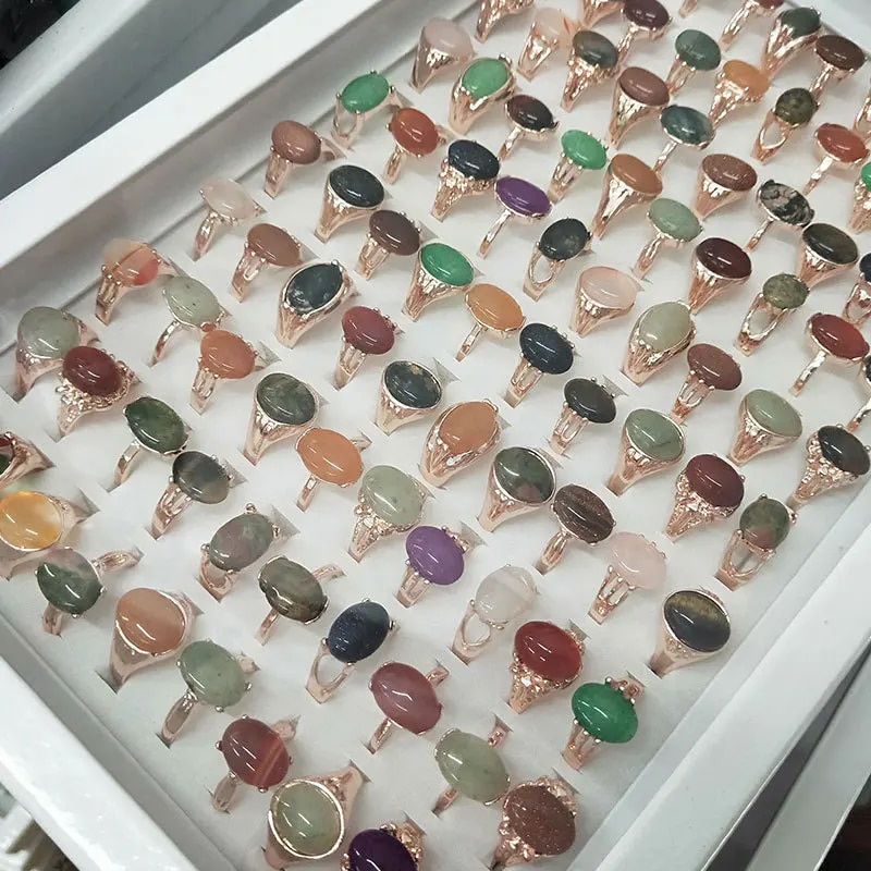 Thumbnail: Wholesale 10Pcs/lot Mix Random Color Style Nature Stone Alloy Rings Fashion Jew