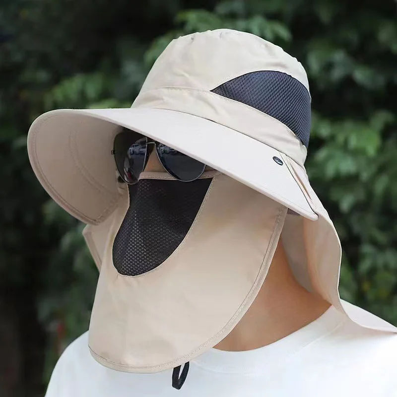 Imej kecil: Summer Outdoor Fishing Caps Men Wide Brim UV Protective Mask Thin Casual Hats S