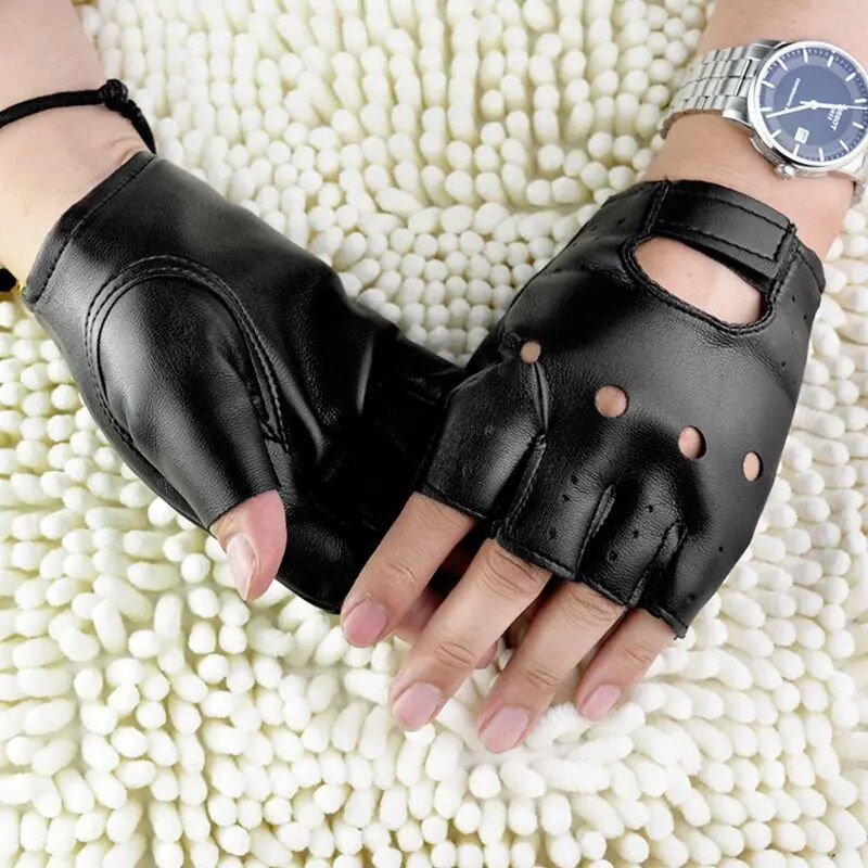 Thumbnail: New Men Faux Leather Slip-Resistant Half Finger Fingerless Gloves Hand Wrist Mi