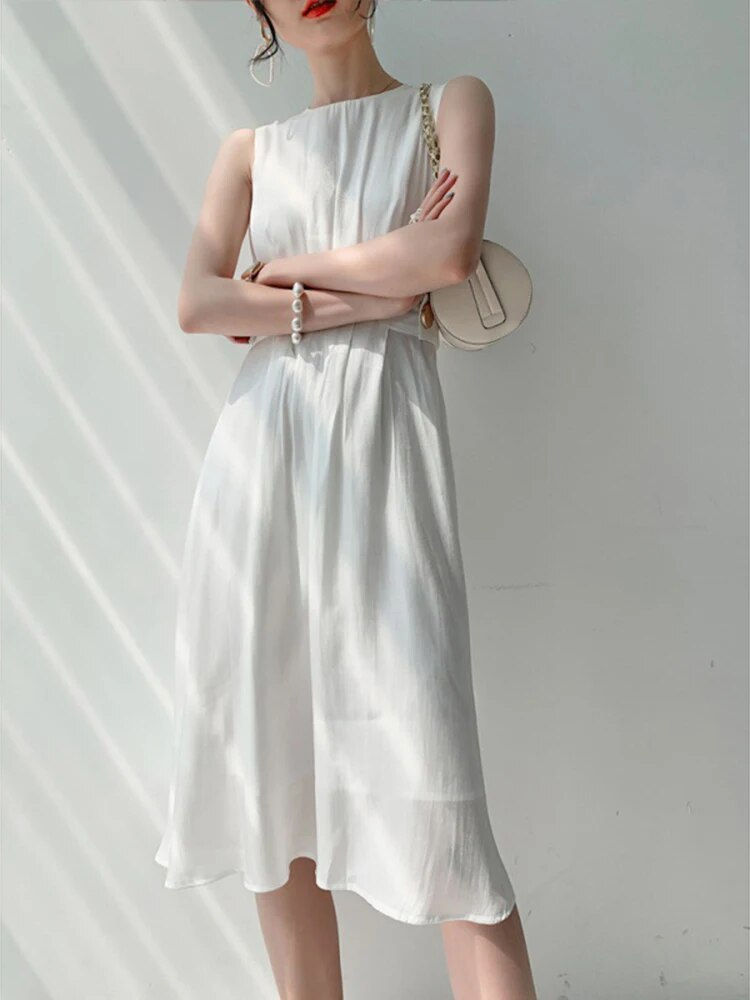 Thumbnail: [LANMREM] High Waist Pleated Elegant Dresses Women's White O-neck Sleeveless Sa