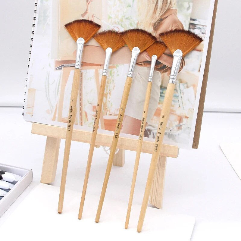 Thumbnail: 5Pcs/Set Creative Fan Shap Gouache Painting Pen High Quality Nylon Hair Wooden