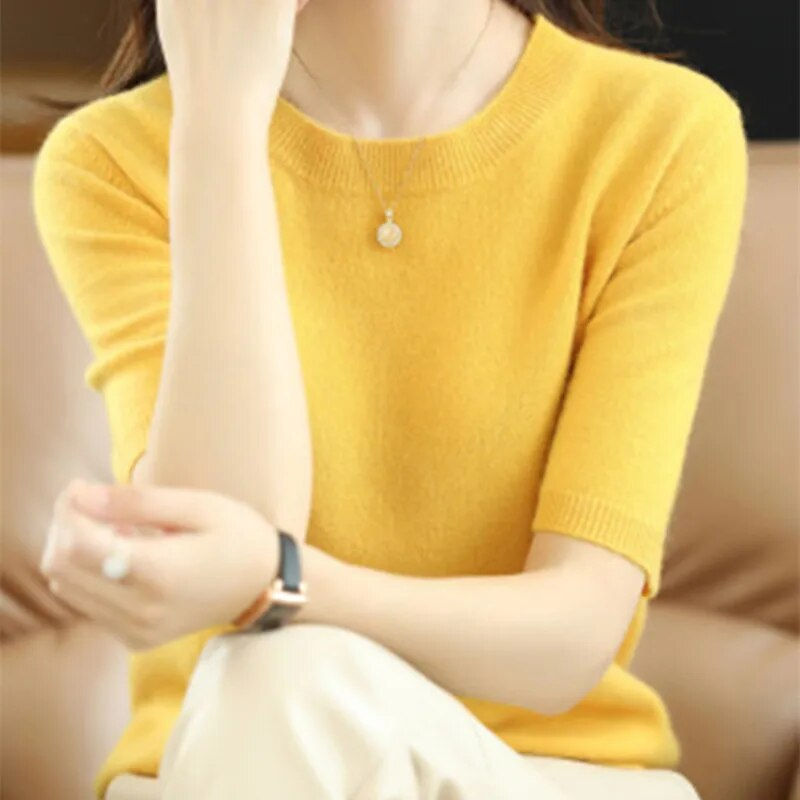 Thumbnail: Spring and Summer New Short-sleeved Women O-neck Slim Wool Cotton Blend Pullove