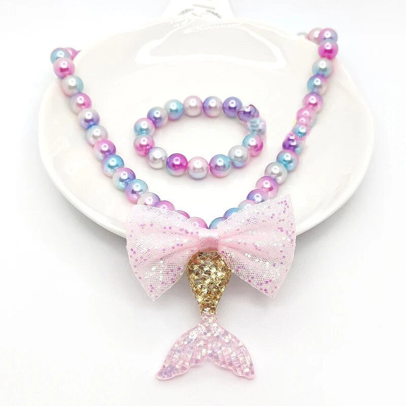 Thumbnail: Baby Girls Beads Necklace Set Fashion Mermaid Tail Pendant Child Kids Adjustabl