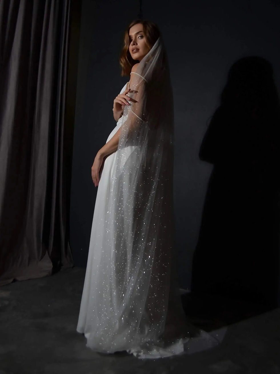 Thumbnail: V101 Long Sparkling Bridal Veil Luxury Shine Wedding Veil in Golden Hues with S