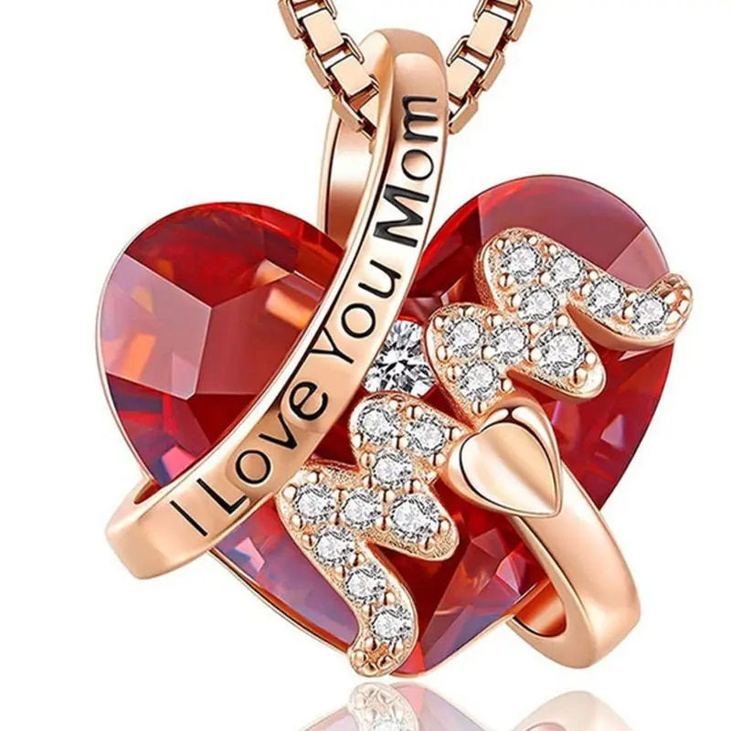 Thumbnail: Luxury Fashion "Mom" Pendant Necklace Red Blue Heart Crystal Jewelry Ladies Ann