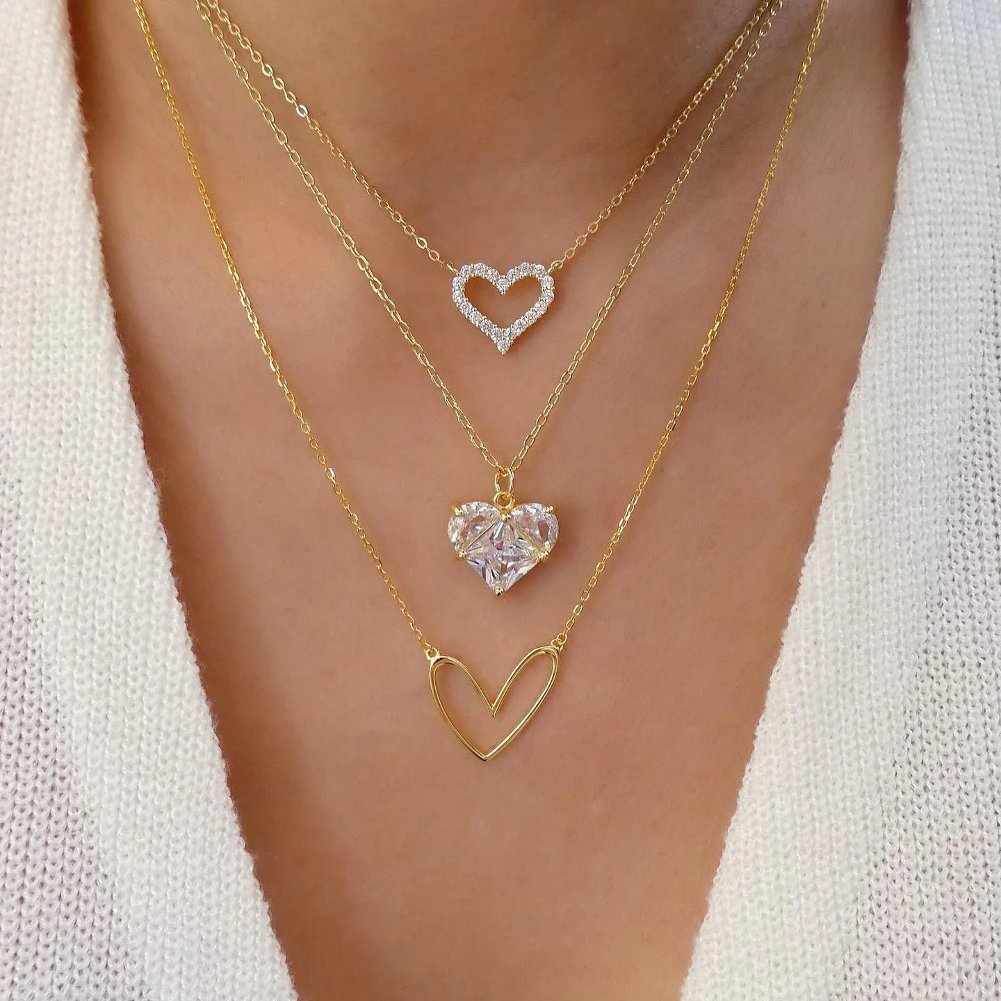 Crystal Zircon Heart Star Charm Layered Pendant Necklace Set for Women Charms F