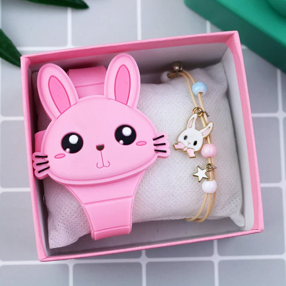 LED Cartoon Rabbit Children Watches with Bratelet Lovely Rabbit Electronic Girl
