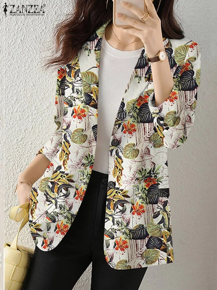 Thumbnail: Women Autumn Blazer Retro Printed Coats Casual Long Sleeve Floral Outerwear ZAN