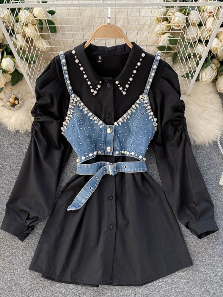 Thumbnail: Spring Autumn New Temperament Blouse Female Lapel Beaded Stacking Bead Blusa Sl