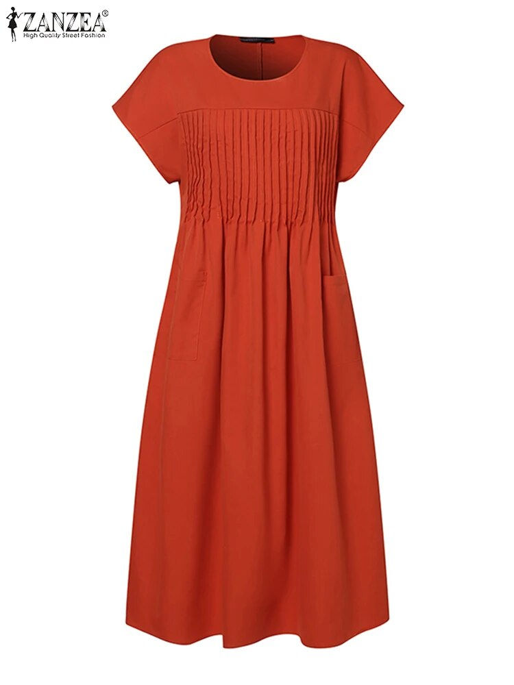 Thumbnail: Elegant Women O Neck Short Sleeve Solid Mid-calf Dress ZANZEA Summer Sundress F