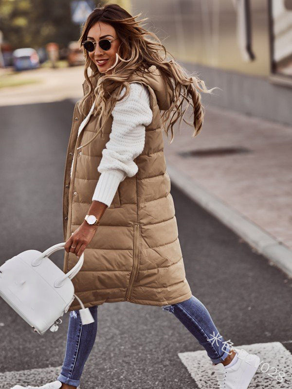 Thumbnail: Long with Hood Outdoor Vest Down Women's Jacket Quilted Coat Sleeveless Jacket 