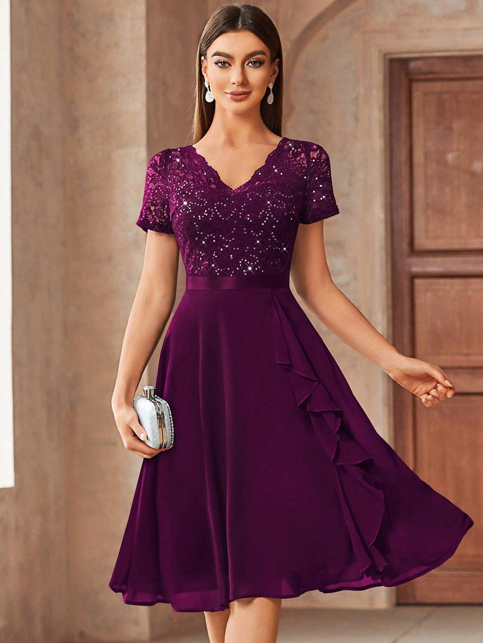 Thumbnail: MIUSOL V-Neck Contrast Lace Sequin Insert Ruffle Trim Chiffon Cocktail Party Sw