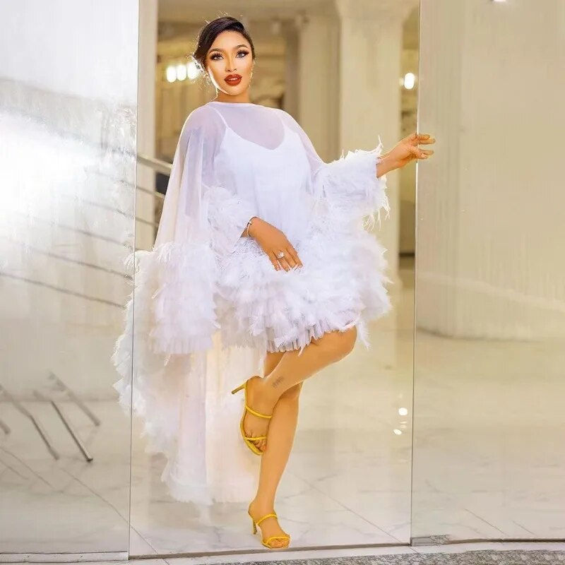 Miniature : 2023 Women Luxury Even Dress White Feathers Oversized High Low Tulle Dress with