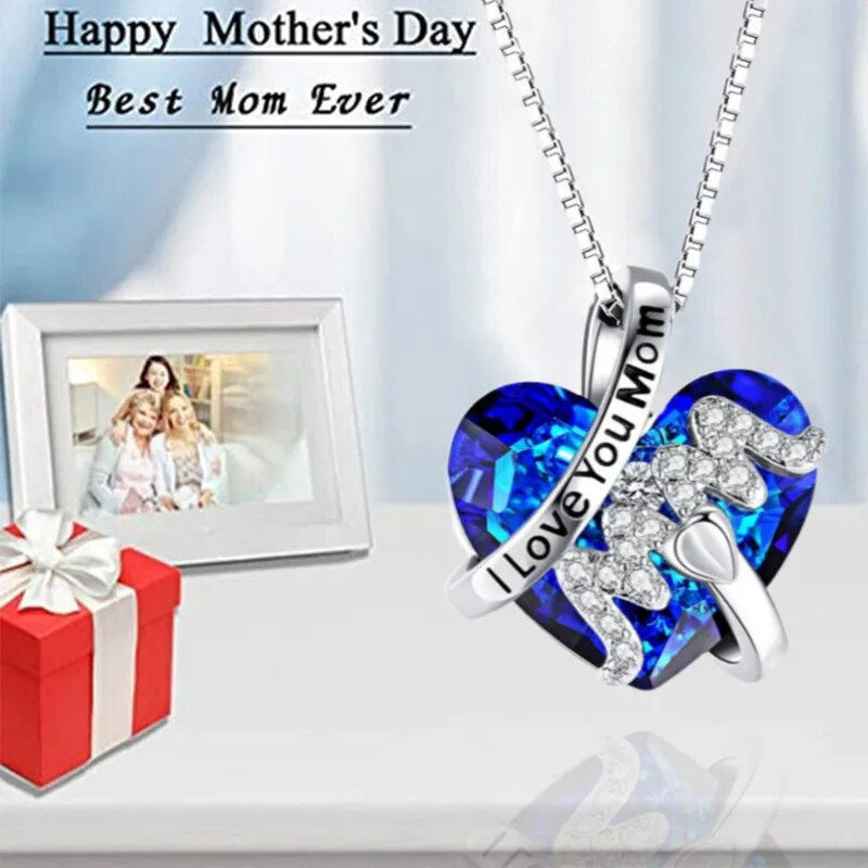 섬네일: Luxury Fashion "Mom" Pendant Necklace Red Blue Heart Crystal Jewelry Ladies Ann