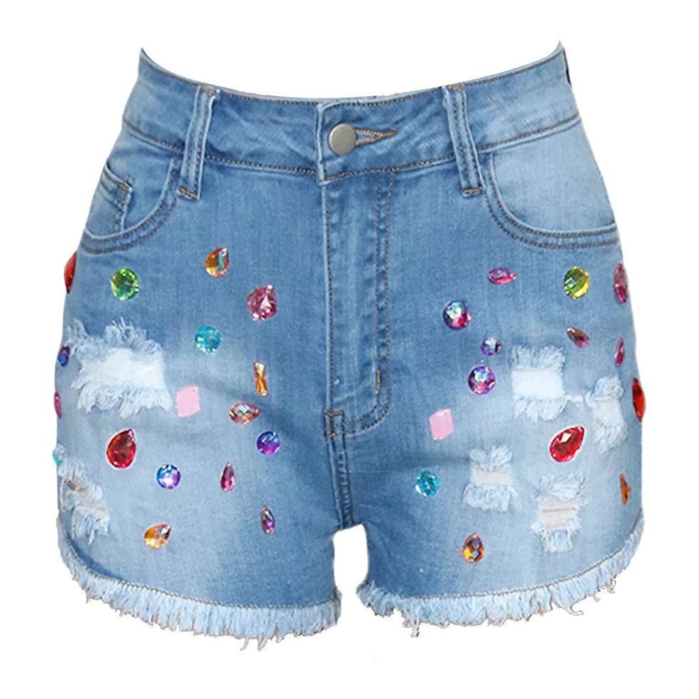 Küçük resim: New Arrival Exquisite Rhinestone Beaded Denim Shorts Women High Waist Slimming
