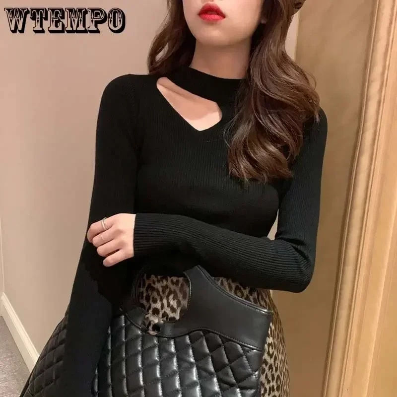 Thumbnail: Half-high Collar Hollow-out Thin Sweater Slim Women Tight Knitted Pullover Long