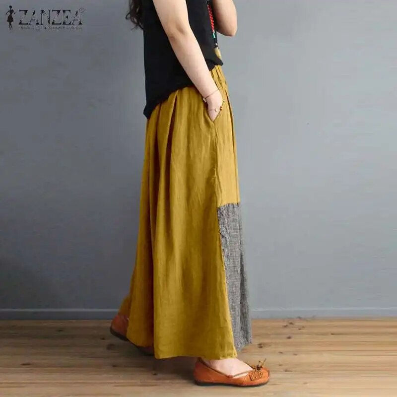 Thumbnail: ZANZEA Summer Pockets Elastic Waist Maxi Faldas Tunic Print Skirt Women Patchwo