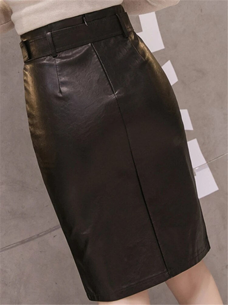 Thumbnail: Seoulish 2023 Autumn Winter Black PU Leather Pencil Midi Skirts High Waist Spli
