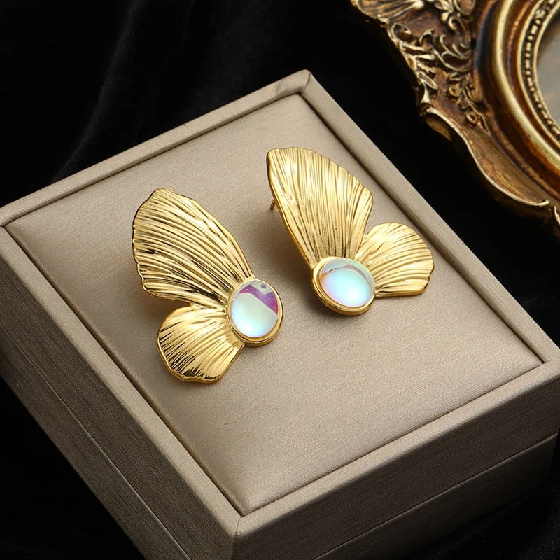 Thumbnail: EILIECK 316L Stainless Steel Gold Color Fan Geometric Bohemian Drop Hoop Earrin