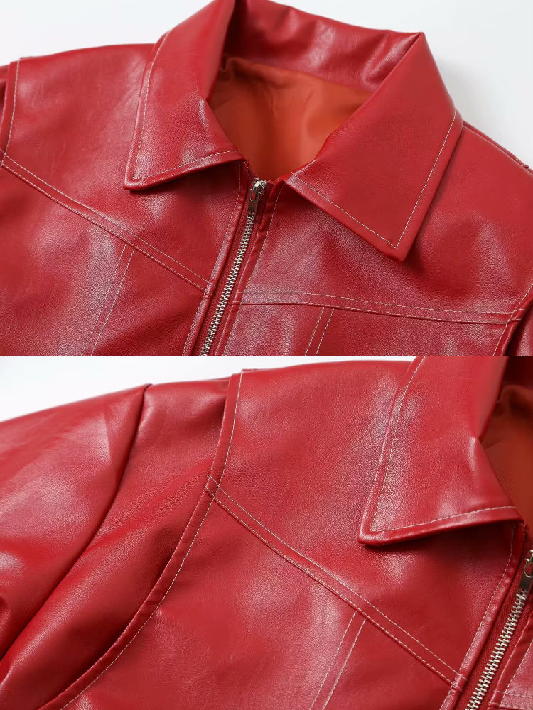 Thumbnail: Woman's Fashion Splicing Oversize Faux Leather Bomber Jacket Coat Lapel Long Sl