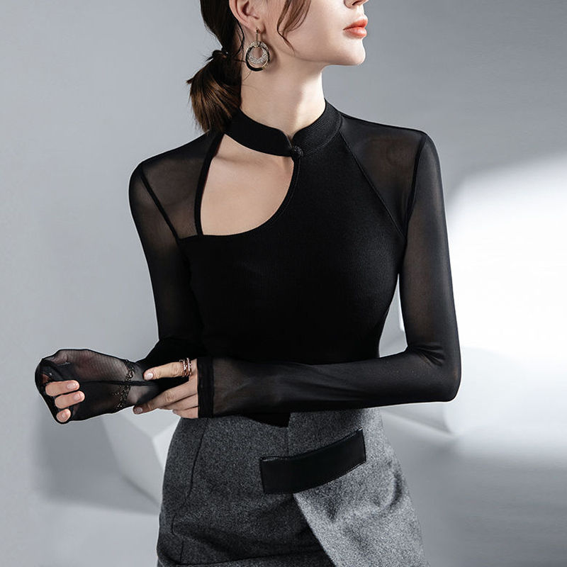 Thumbnail: Vintage Sexy Hollow See Through Mesh Office Lady Basic Club T-shirts Women Blac