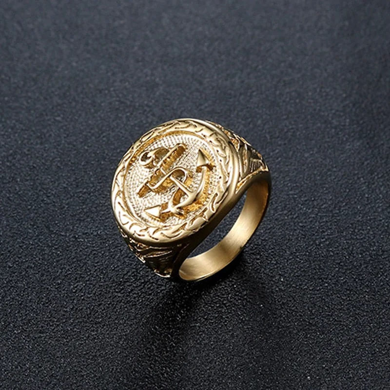 Thumbnail: Retro Anchor Navy Marine Large Ring For Men Gold Color Punk Gothic Rock Hiphop