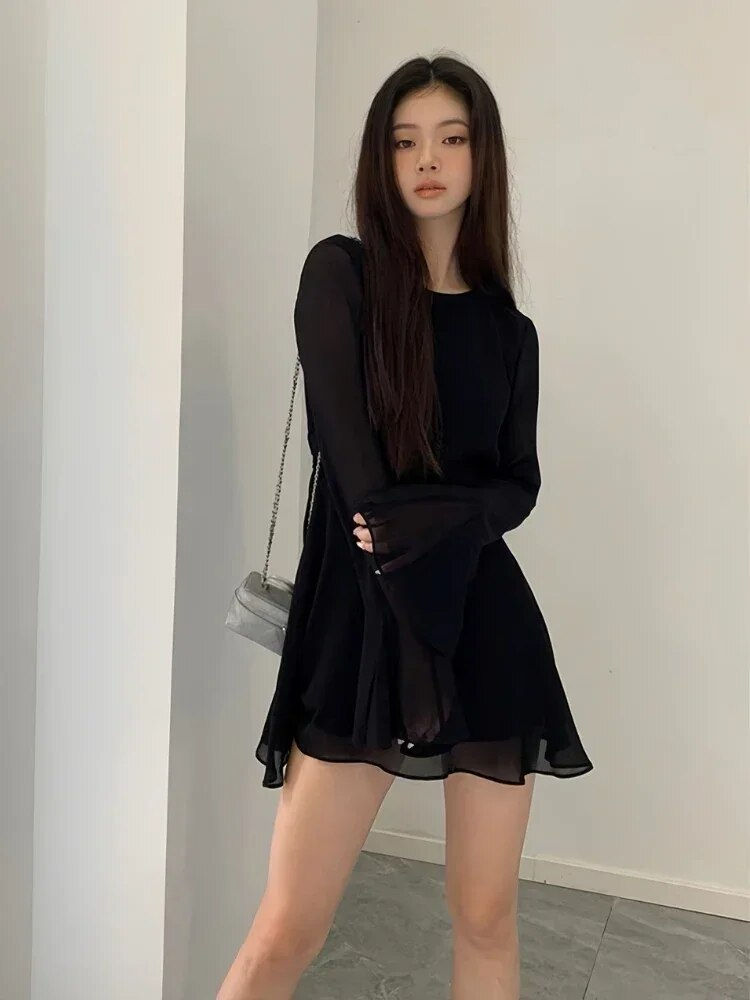 Thumbnail: HOUZHOU Backless Black Dress Women Elegant Back Hollow Out Lace-up Long Sleeve