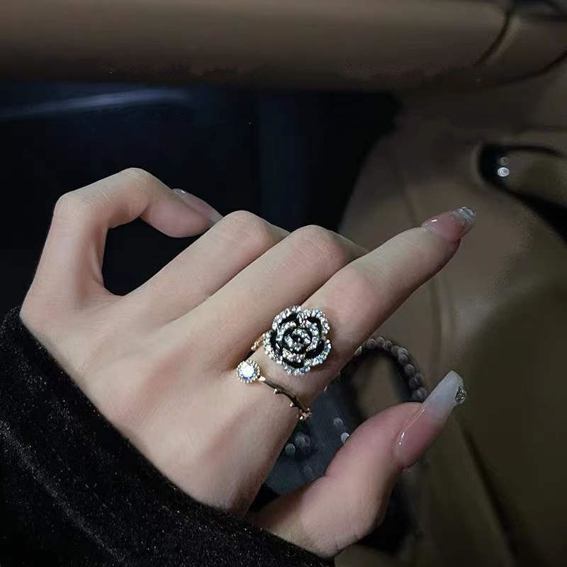 Thumbnail: Korean Black Rose Shaped Metal Opening Rings for Woman Girls Fashion Luxury Zir