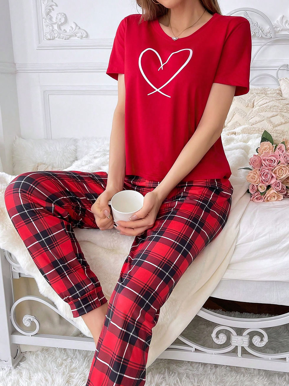 Miniatura: Heart Print Short Sleeve Top & Plaid Pants Pajama Set