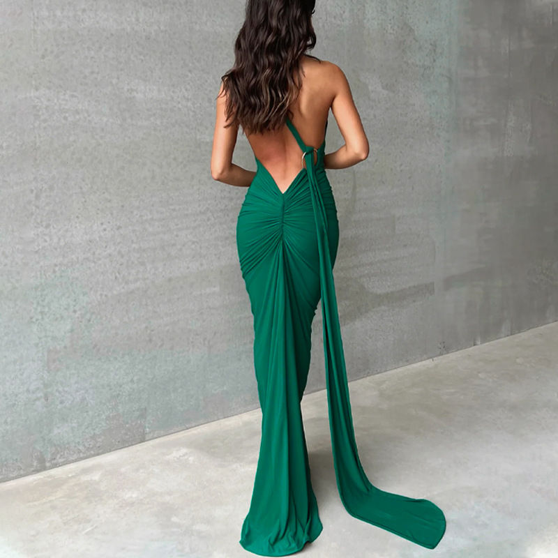Thumbnail: Hugcitar One Shoulder Backless Adjustable Scarf Loop Ruched Sexy Maxi Dress 202