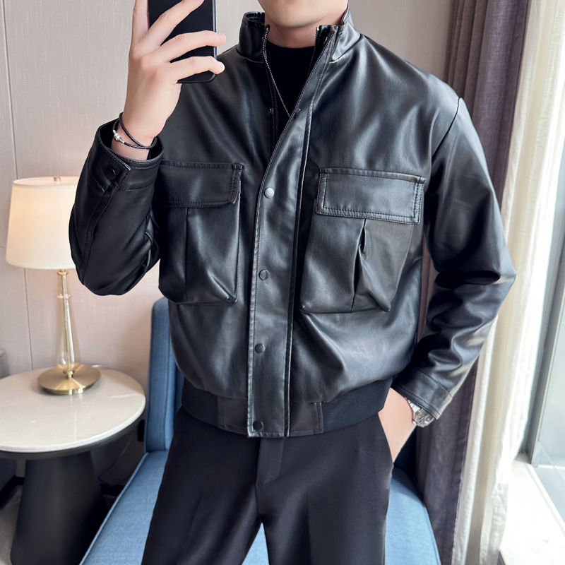섬네일: Autumn Winter Men's Leather Jacket 3D Pocket Solid Motocycle Bomber Coat Highst