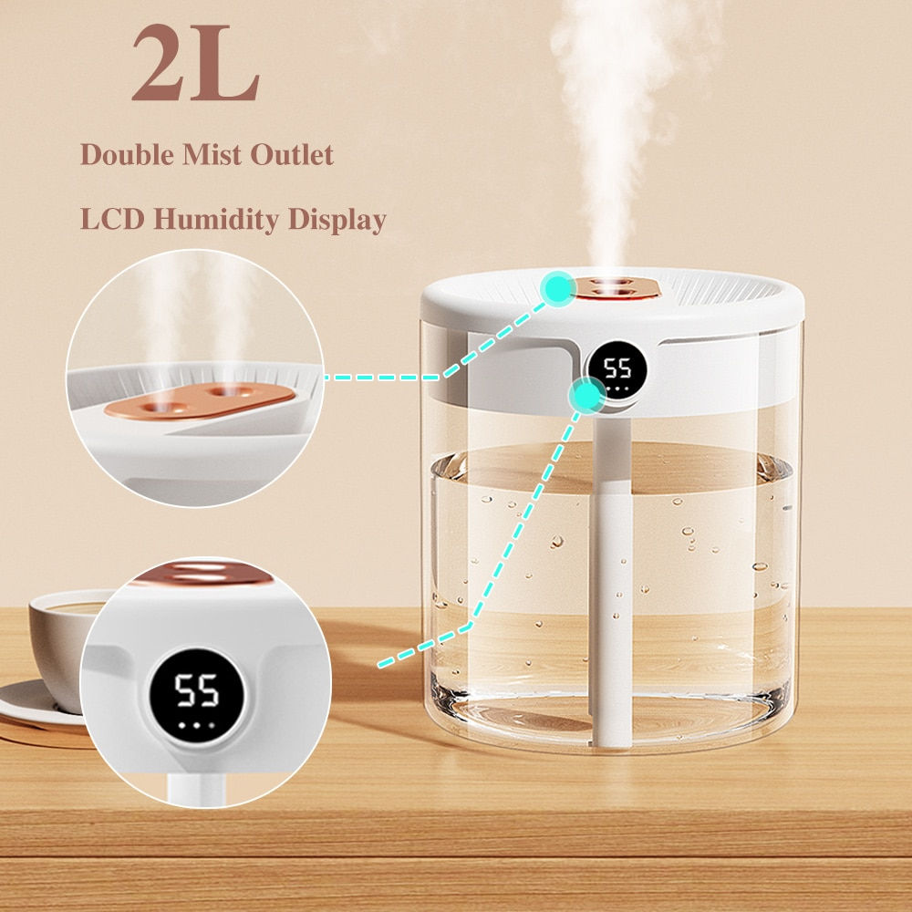 Air Humidifiers With Night Light 2L Double Nozzle Large Capacity LCD Display Ul