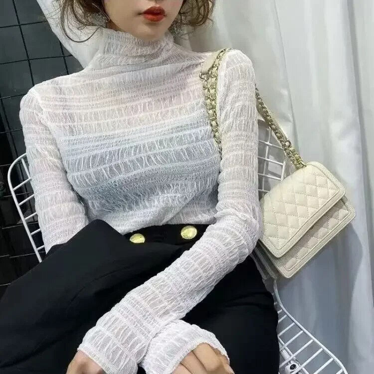 Thumbnail: New Transparent Women Lace Blouse 5 Colors Female Bottoming Blouses S-2XL Size